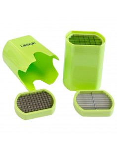 Tradineur - Cortador de patatas de acero inoxidable y plástico verde 14 x 10 x 8,5 cm, tres tipos de corte, utensilio de cocina