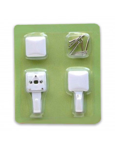 Set de cuelga fácil, 2 cuelga fácil, plástico resistente, clavos incluidos. Color blanco. 15 x 9 x 1,5 cm.