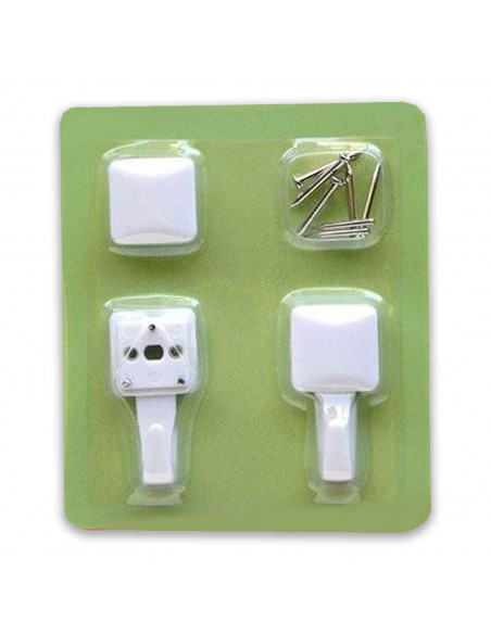 Set de cuelga fácil, 2 cuelga fácil, plástico resistente, clavos incluidos. Color blanco. 15 x 9 x 1,5 cm.