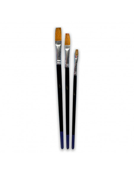 Set de 3 pinceles planos para los artistas, fabricado en plástico, punta de pelo natural, ideal para trazos o contornos.