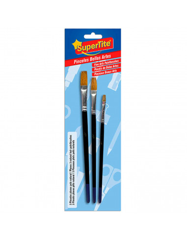 Set de 3 pinceles planos para los artistas, fabricado en plástico, punta de pelo natural, ideal para trazos o contornos.