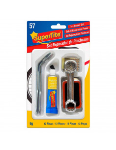 Kit de reparación de pinchazos, incluye 5 parches. 1 llave multiusos, 2 palancas desmonta cámaras, 1 lija de meta, 1 tapón, válv