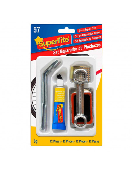 Kit de reparación de pinchazos, incluye 5 parches. 1 llave multiusos, 2 palancas desmonta cámaras, 1 lija de meta, 1 tapón, válv