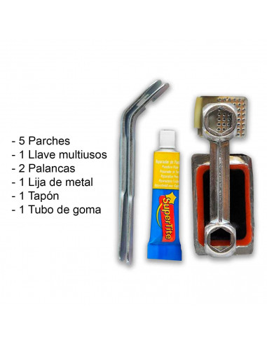 Kit de reparación de pinchazos, incluye 5 parches. 1 llave multiusos, 2 palancas desmonta cámaras, 1 lija de meta, 1 tapón, válv