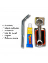 Kit de reparación de pinchazos, incluye 5 parches. 1 llave multiusos, 2 palancas desmonta cámaras, 1 lija de meta, 1 tapón, válv