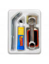 Kit de reparación de pinchazos, incluye 5 parches. 1 llave multiusos, 2 palancas desmonta cámaras, 1 lija de meta, 1 tapón, válv