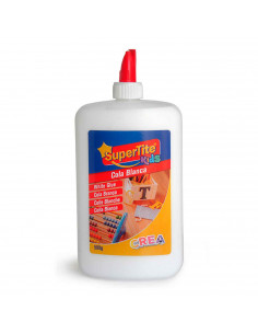 Pegamento escolar de 500 g cola blanca. Pega: Madera, papel, cartón, tejidos, cuero, corcho, etc. Trasparente tras secado.