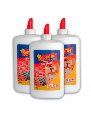 Pegamento escolar de 500 g cola blanca. Pega: Madera, papel, cartón, tejidos, cuero, corcho, etc. Trasparente tras secado.