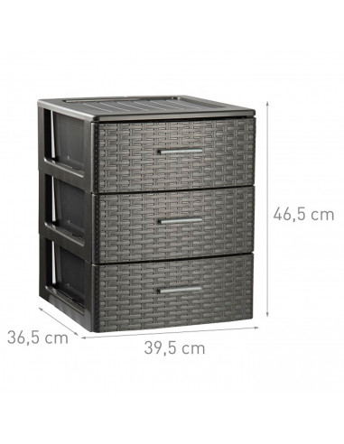 Plastic Forte - Cajonera de ordenación Rin Rattan con 3 cajones, plástico, torre de almacenaje multiusos, 46,5 x 39,5 x 36,5 cm,