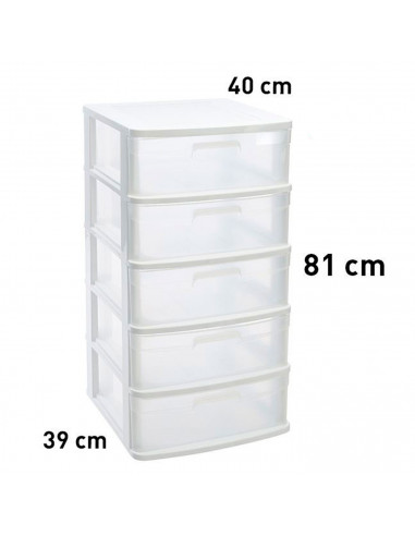 Tradineur - Cajonera de ordenación Sena con 5 cajones opacos, plástico, torre de almacenaje multiusos, hogar, 81 x 40 x 39 cm, b
