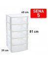 Tradineur - Cajonera de ordenación Sena con 5 cajones opacos, plástico, torre de almacenaje multiusos, hogar, 81 x 40 x 39 cm, b