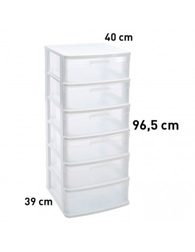 Tradineur - Cajonera de almacenaje Sena con 6 cajones opacos, plástico, torre de ordenación multiusos, hogar, 96,5 x 40 x 39 cm,