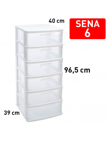 Tradineur - Cajonera de almacenaje Sena con 6 cajones opacos, plástico, torre de ordenación multiusos, hogar, 96,5 x 40 x 39 cm,