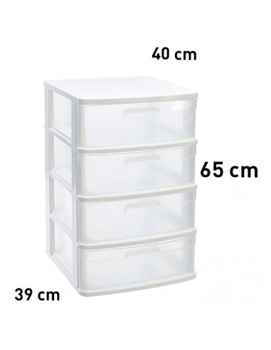 Tradineur - Cajonera almacenaje Sena con 4 cajones opacos, plástico, torre de ordenación multiusos, hogar, 65 x 40 x 39 cm, blan