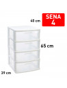 Tradineur - Cajonera almacenaje Sena con 4 cajones opacos, plástico, torre de ordenación multiusos, hogar, 65 x 40 x 39 cm, blan