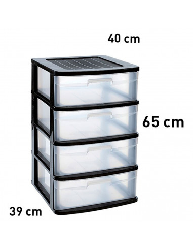 Tradineur - Cajonera almacenaje Sena, 4 cajones transparentes, plástico, torre de ordenación multiusos, hogar, 65 x 40 x 39 cm,