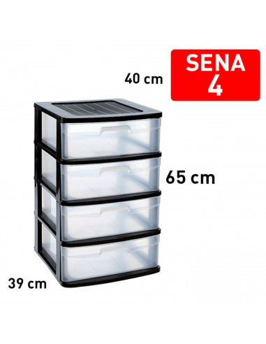 Tradineur - Cajonera almacenaje Sena, 4 cajones transparentes, plástico, torre de ordenación multiusos, hogar, 65 x 40 x 39 cm,