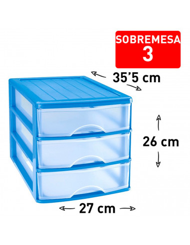 Tradineur - Cajonera sobremesa plástico con 3 cajones transparentes, torre de almacenaje multiusos, ordenación, hogar, 26 x 27 x