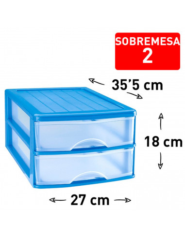 Tradineur - Cajonera sobremesa con 2 cajones transparentes, plástico, torre de almacenaje multiusos, ordenación, hogar, 18 x 27
