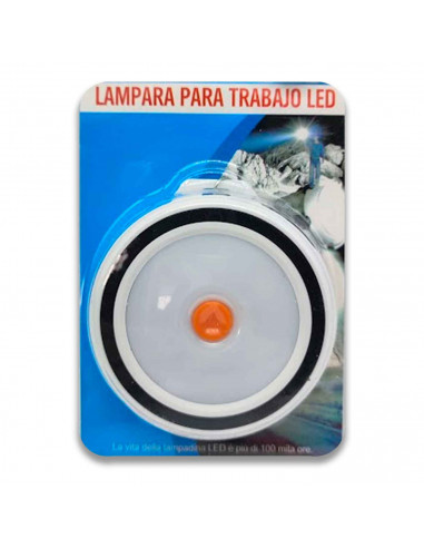Lámpara portátil redonda LED, 8 cm de diámetro, pilas incluidas. Mas de 100 horas de vida útil.