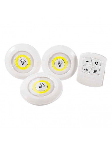 Set de 3 luces de auxiliar COB con mando a distancia, 3 pilas "AAA" (No incluidas). Luz de 9 cm de diámetro.