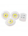 Set de 3 luces de auxiliar COB con mando a distancia, 3 pilas "AAA" (No incluidas). Luz de 9 cm de diámetro.