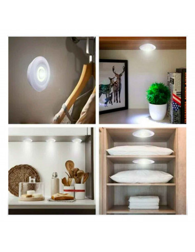 Set de 3 luces de auxiliar COB con mando a distancia, 3 pilas "AAA" (No incluidas). Luz de 9 cm de diámetro.