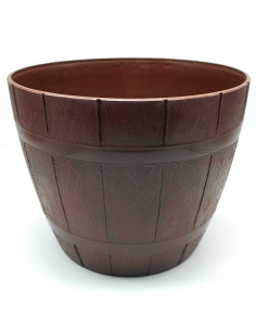 Tradineur - Maceta redonda de plástico, diseño de barril, recipiente, macetero para plantas, flores, jardín, balcón (Marrón oscu