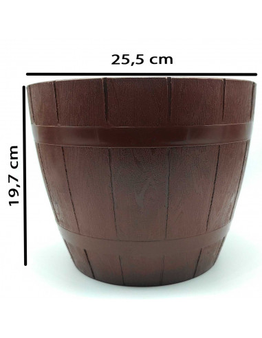 Tradineur - Maceta redonda de plástico, diseño de barril, recipiente, macetero para plantas, flores, jardín, balcón (Marrón oscu