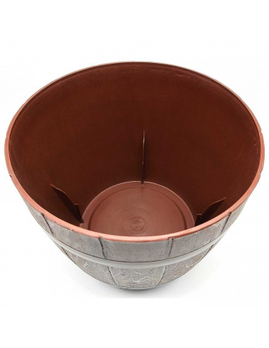 Tradineur - Maceta redonda de plástico, diseño de barril, recipiente, macetero para plantas, flores, jardín, balcón (Marrón oscu
