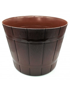 Tradineur - Maceta redonda con diseño de barril, plástico, recipiente, macetero para plantas, flores, jardín, balcón (Marrón osc