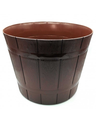 Tradineur - Maceta redonda con diseño de barril, plástico, recipiente, macetero para plantas, flores, jardín, balcón (Marrón osc