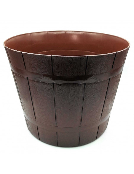Tradineur - Maceta redonda con diseño de barril, plástico, recipiente, macetero para plantas, flores, jardín, balcón (Marrón osc