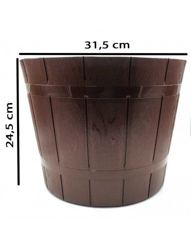 Tradineur - Maceta redonda con diseño de barril, plástico, recipiente, macetero para plantas, flores, jardín, balcón (Marrón osc