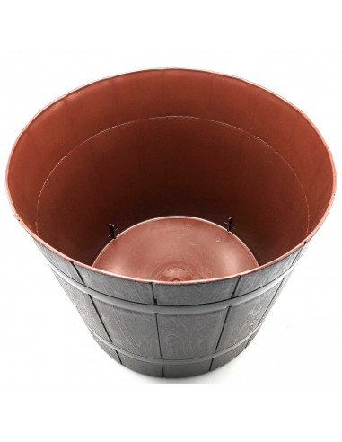 Tradineur - Maceta redonda con diseño de barril, plástico, recipiente, macetero para plantas, flores, jardín, balcón (Marrón osc