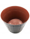 Tradineur - Maceta redonda con diseño de barril, plástico, recipiente, macetero para plantas, flores, jardín, balcón (Marrón osc