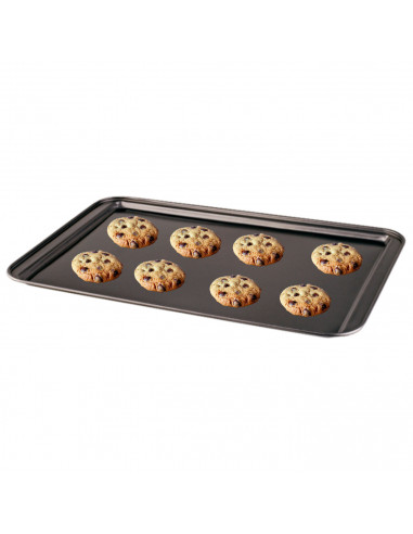 Tradineur - Bandeja de horno llana galletera de acero antiadherente, soporta hasta 250 ºC, apta para lavavajillas (Gris, 42 x 28