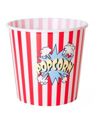 Tradineur - Cubo de palomitas redondo de plástico, recipiente reutilizable para cine en casa, fiestas, celebraciones (Rojo y bla