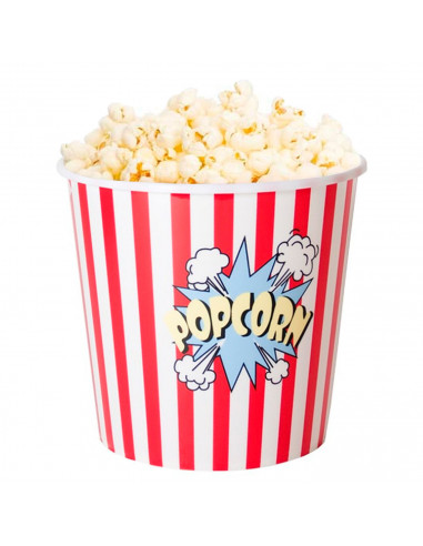 Tradineur - Cubo de palomitas redondo de plástico, recipiente reutilizable para cine en casa, fiestas, celebraciones (Rojo y bla