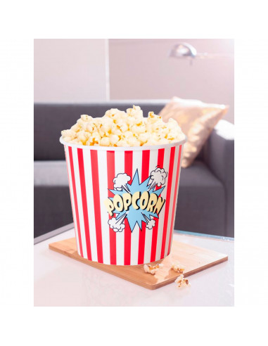 Tradineur - Cubo de palomitas redondo de plástico, recipiente reutilizable para cine en casa, fiestas, celebraciones (Rojo y bla