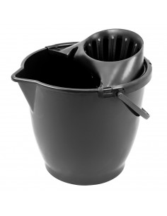 Tradineur - Cubo con escurridor y asa, plástico, cubo para fregar, escurridor por presión, limpieza del hogar (Negro, 13 litros,