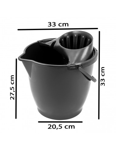 Tradineur - Cubo con escurridor y asa, plástico, cubo para fregar, escurridor por presión, limpieza del hogar (Negro, 13 litros,
