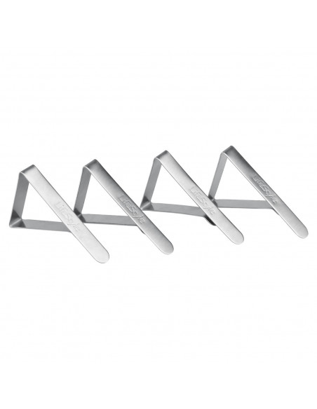 Pack de 4 pinzas sujeta-manteles de7,5 x 4 cm, de acero inoxidable, para mesas con max de 4cm de grosor. Sujetador de inox para