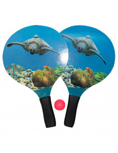 Tradineur - Set de 2 palas de playa con pelota, de 38 x 24 cm, con empuñadura de goma para mayor confort, Para todas las edades.