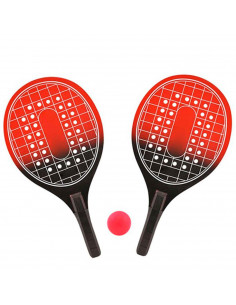 Tradineur - Set de 2 palas de playa con pelota, Para todas las edades. Color rojo y negro. 41 x 20,5 cm