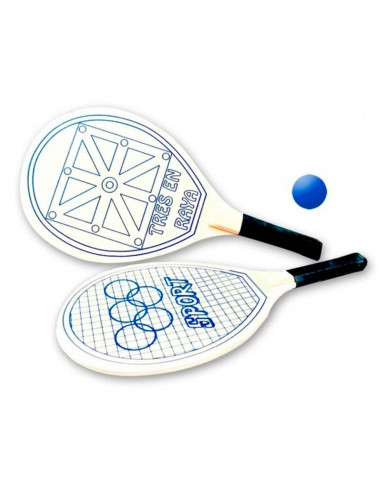 Tradineur - Set de 2 palas de playa con pelota. Diseño: tres en raya. Para todas las edades. Color crema. 47,5 x 19 cm