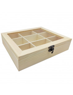 Tradineur - Caja de madera con 9 compartimentos y tapa con cristal, expositor de joyas, organizador, joyero, collares, relojes,