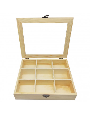 Tradineur - Caja de madera con 9 compartimentos y tapa con cristal, expositor de joyas, organizador, joyero, collares, relojes,