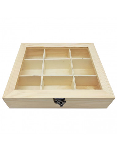 Tradineur - Caja de madera con 9 compartimentos y tapa con cristal, expositor de joyas, organizador, joyero, collares, relojes,