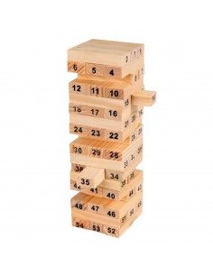 Tradineur - Juego de bloques de madera, 54 fichas numeradas, 4 dados, construcción de torre apilable, habilidad, familia, 15,8 x